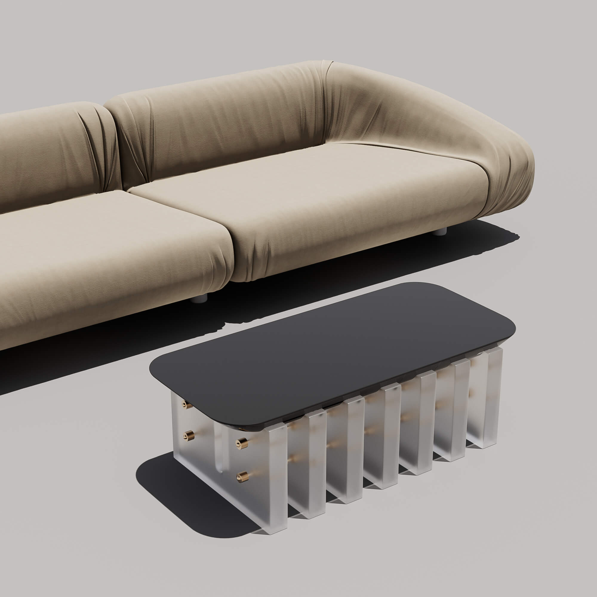Fold sofa by Vincenzo Di Cotiis for Baxter. Segment 5 Coffee Table by Gabriel Hendifar, for Apparatus
